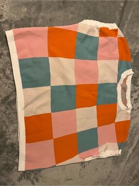 Colorblock Checkered Crew Neck Sweater - Pink/Orange/Teal/White